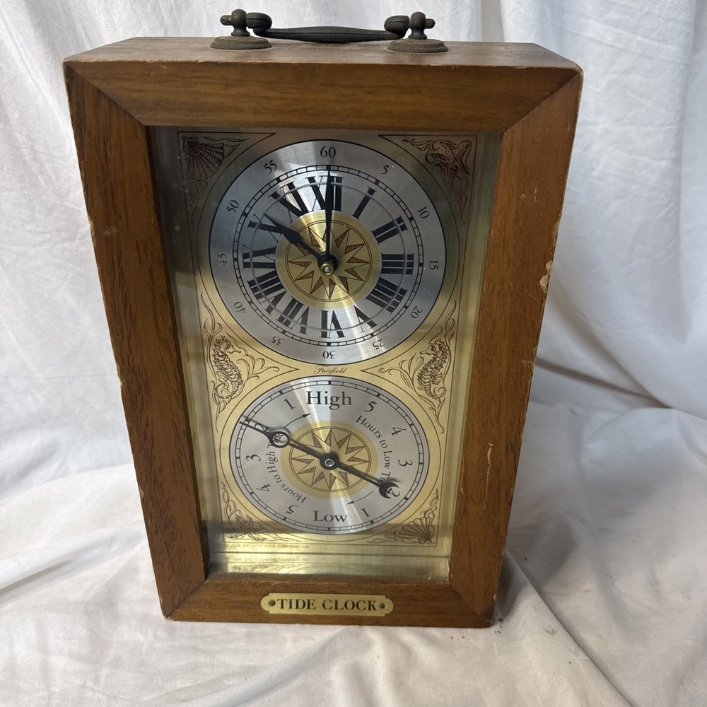 Vintage 1976 Fairfield Mechtronics Brass Wall Clock Tide Clock Wood Box Frame